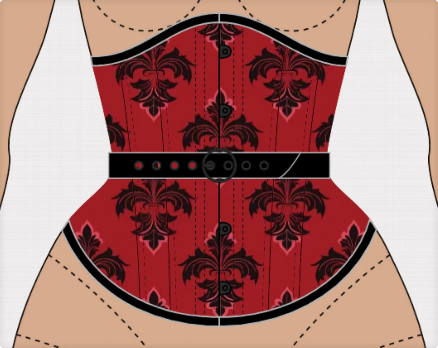 Red damask printed cotton underbust corset with black busk, fan lacing and contrasting accents — the original hand-drawn design
