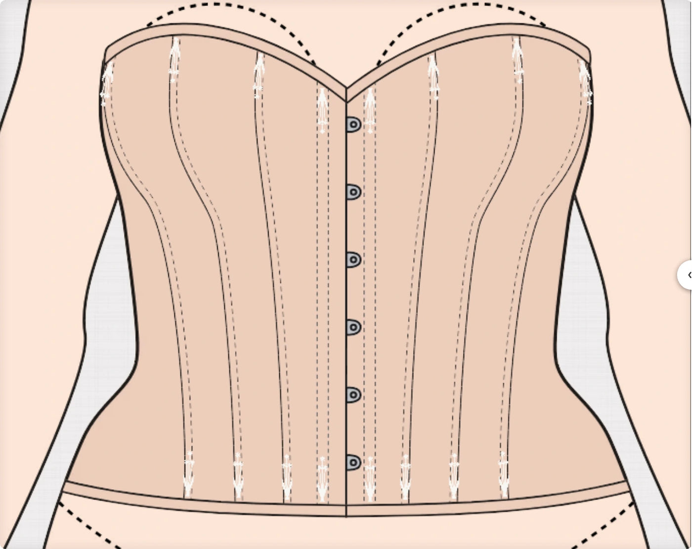 Nude glossy satin overbust corset with busk, lace-up hip gores and flossing embroidery — the original hand-drawn design
