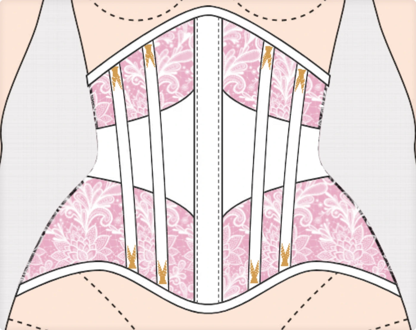 Pink dupioni satin underbust corset with solid front, butterfly lacing, white contrasting accents, flossing embroidery in golden thread and lace overlay — the original hand-drawn design
