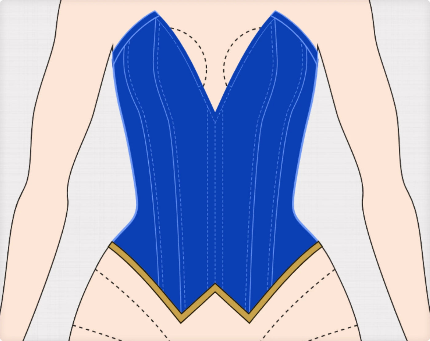 Glossy indigo satin overbust corset with solid front, decorative front lacing and rhinestone applique on contrasting golden denim bias tape — the original hand-drawn design