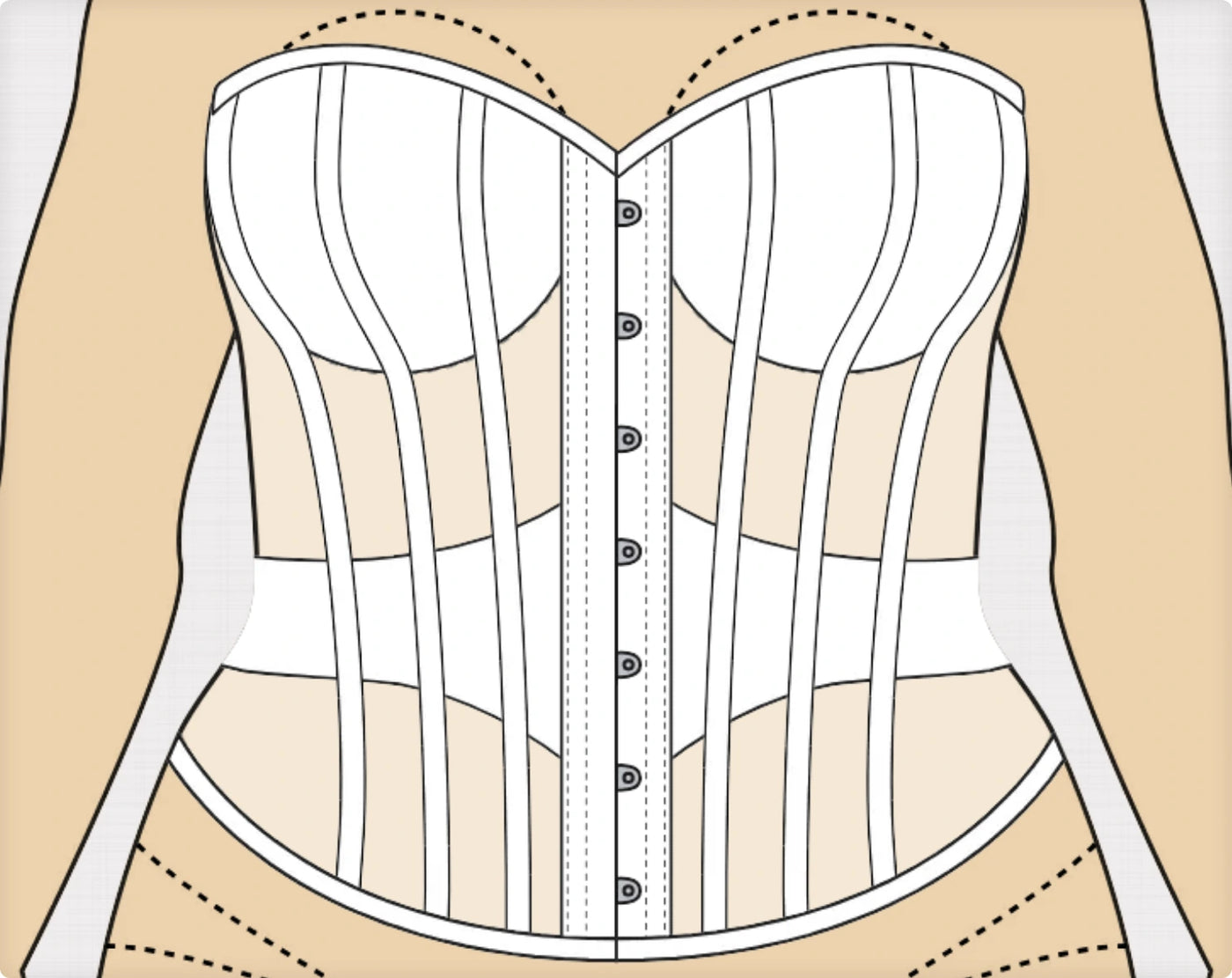 Cotton Aida overbust corset with busk and reinforced waist tape — the original hand-drawn design