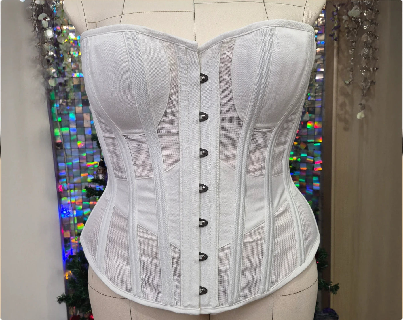 Cotton Aida overbust corset with busk and reinforced waist tape — the finished corset