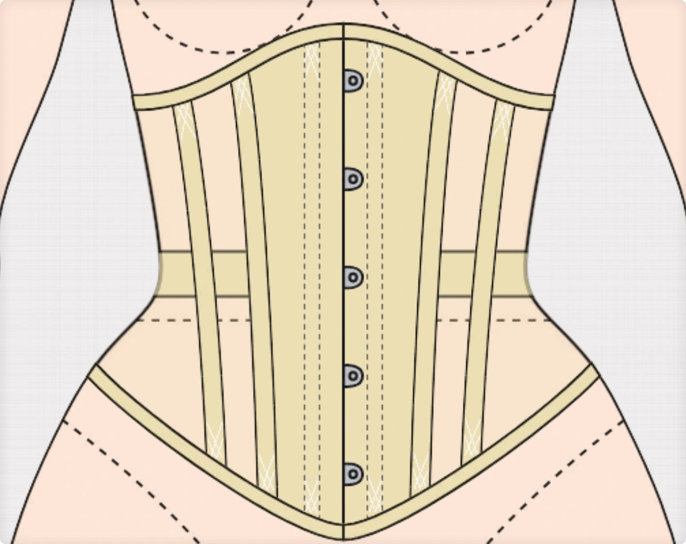 Nude nylon mesh underbust corset with busk, butterfly lacing and flossing embroidery — the original hand-drawn design