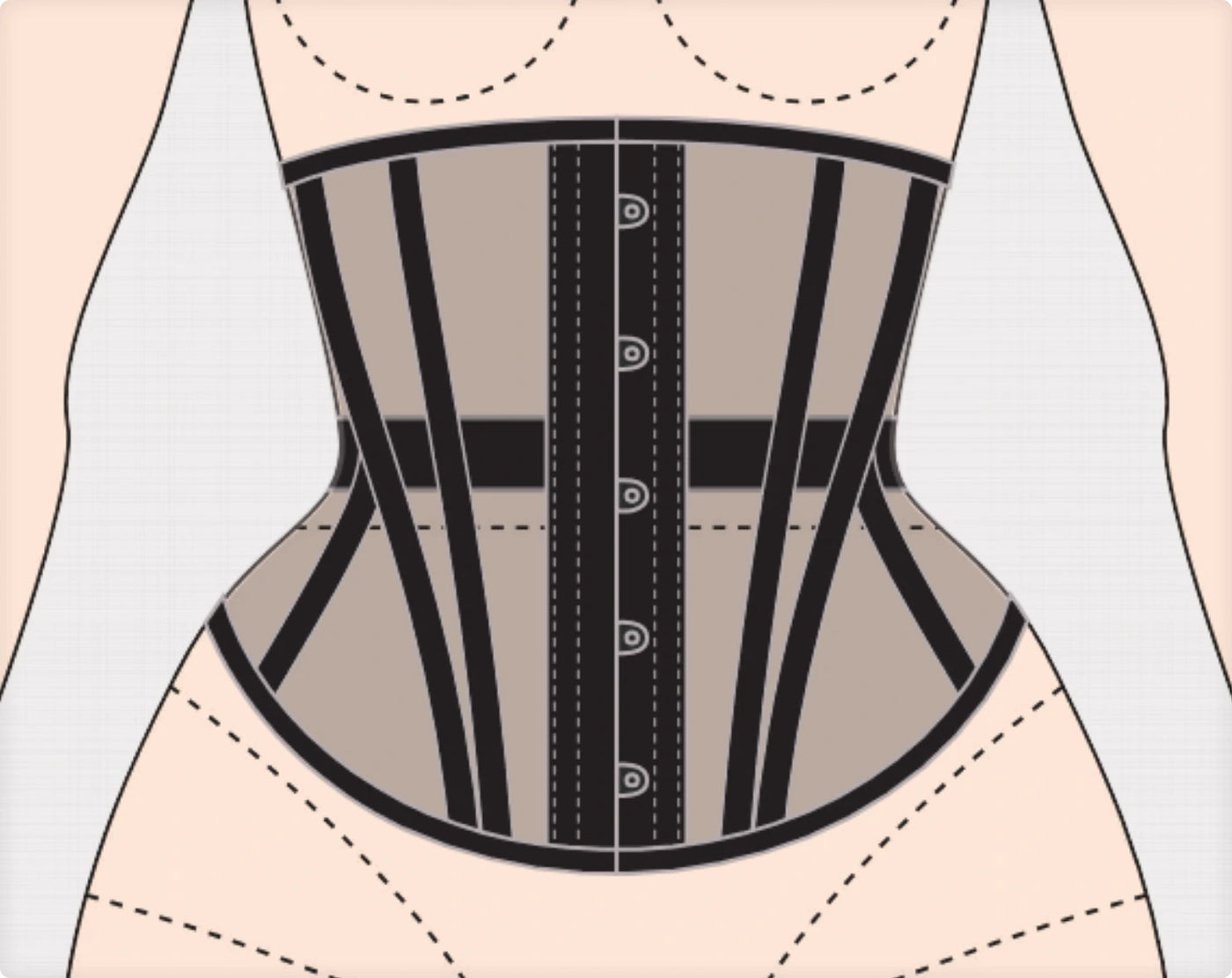 Black nylon mesh underbust corset with busk, butterfly lacing, sewn-in garters and artistic boning placement — the original hand-drawn design